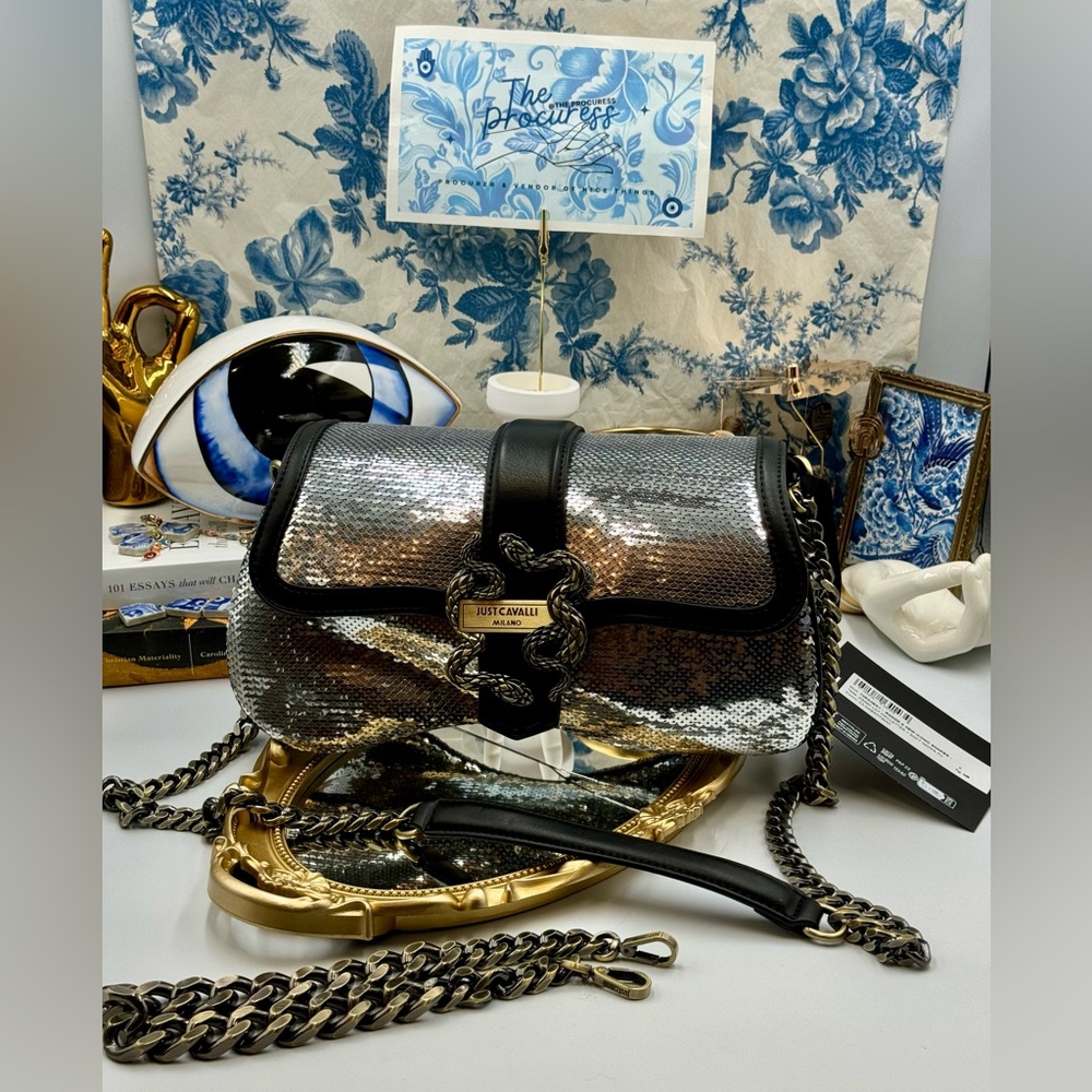 🆕 JUST CAVALLI 🧿 NWT Iconic Snakes Logo-Plaque Sequin Handbag - Picture 14 of 15